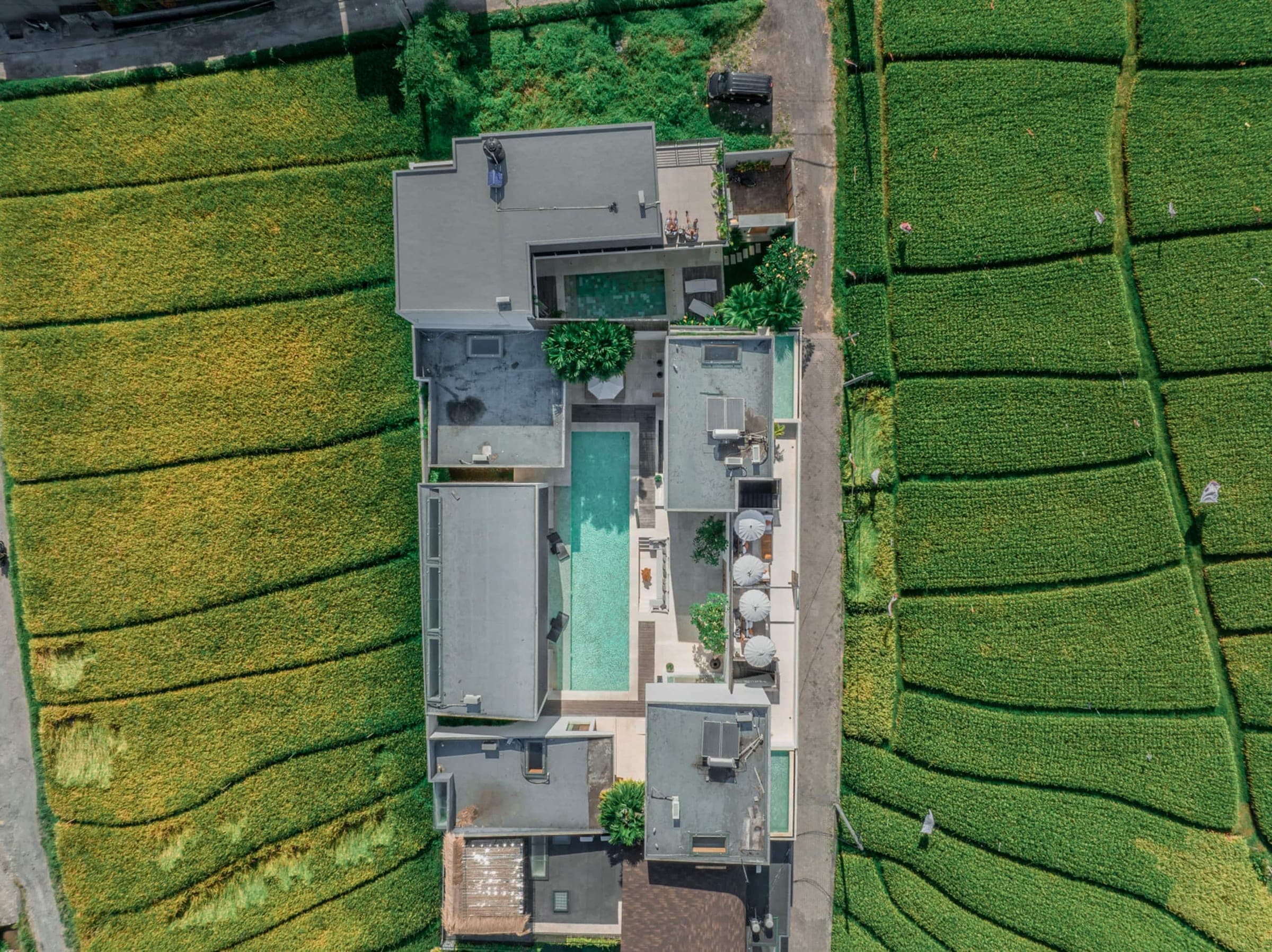Aerial view of Villa Boya among the rice fields of Berawa